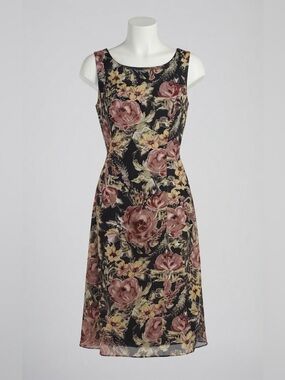 Evan Picone Black Midi Dress with Rose and Yellow Floral Motif